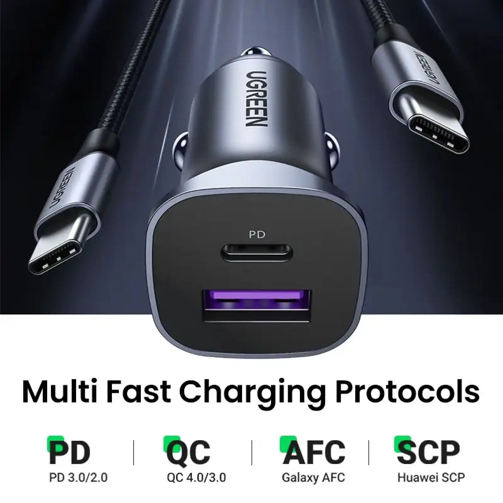Автозарядка 2xUSB 30W (USB-A + USB-C) QC 4.0 Сіра (EC305) UGREEN (25845) UA