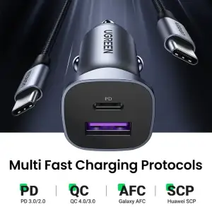 Автозарядка 2xUSB 30W (USB-A + USB-C) QC 4.0 Сіра (EC305) UGREEN (25845) UA