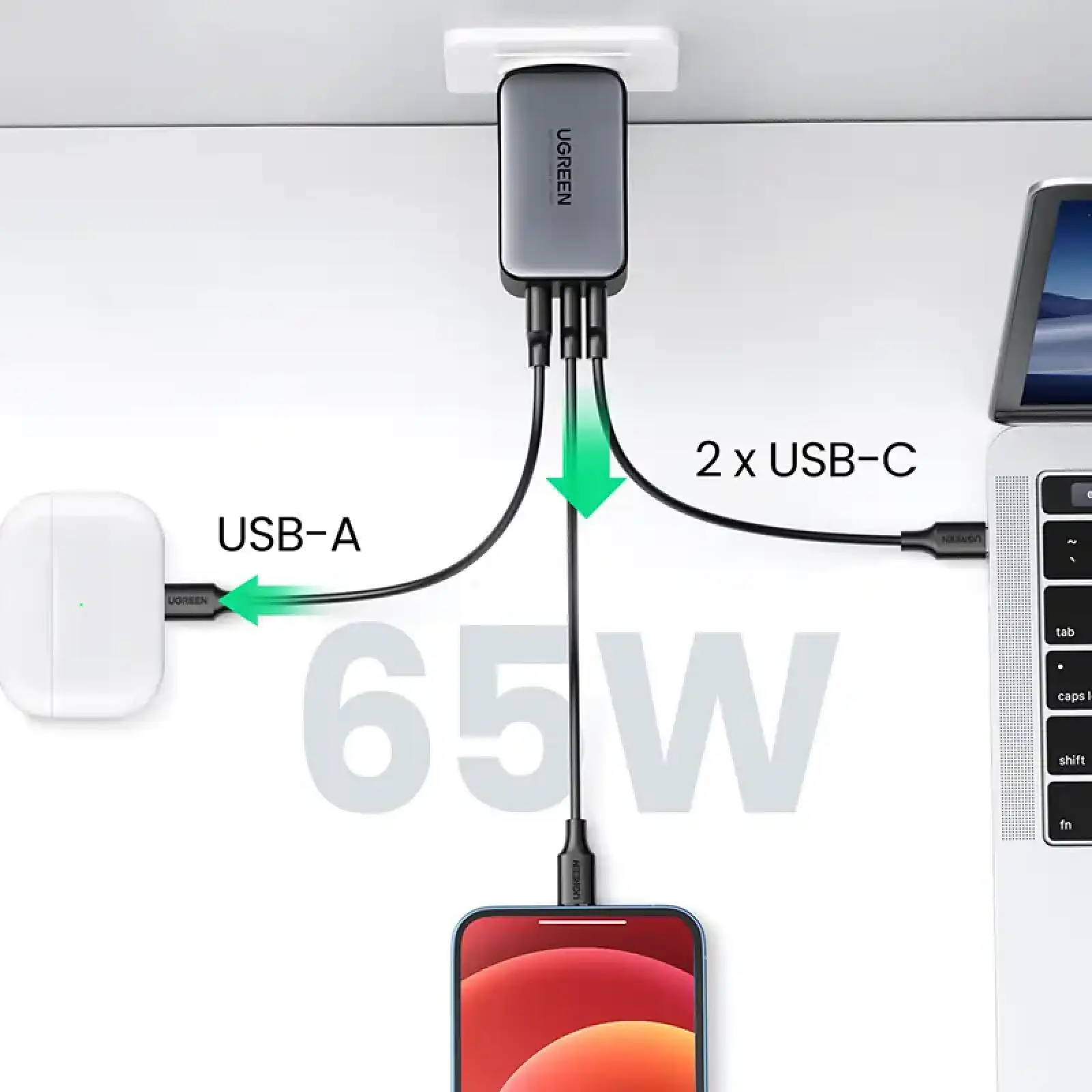 Зарядний пристрій 3xUSB 65W (2хUSB-C+USB-A) Gan CD244 Сірий Ugreen (10335) UA