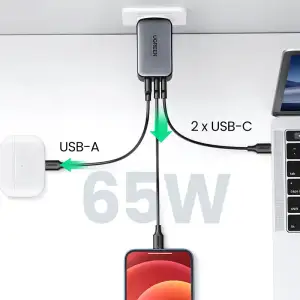 Зарядний пристрій 3xUSB 65W (2хUSB-C+USB-A) Gan CD244 Сірий Ugreen (10335) UA