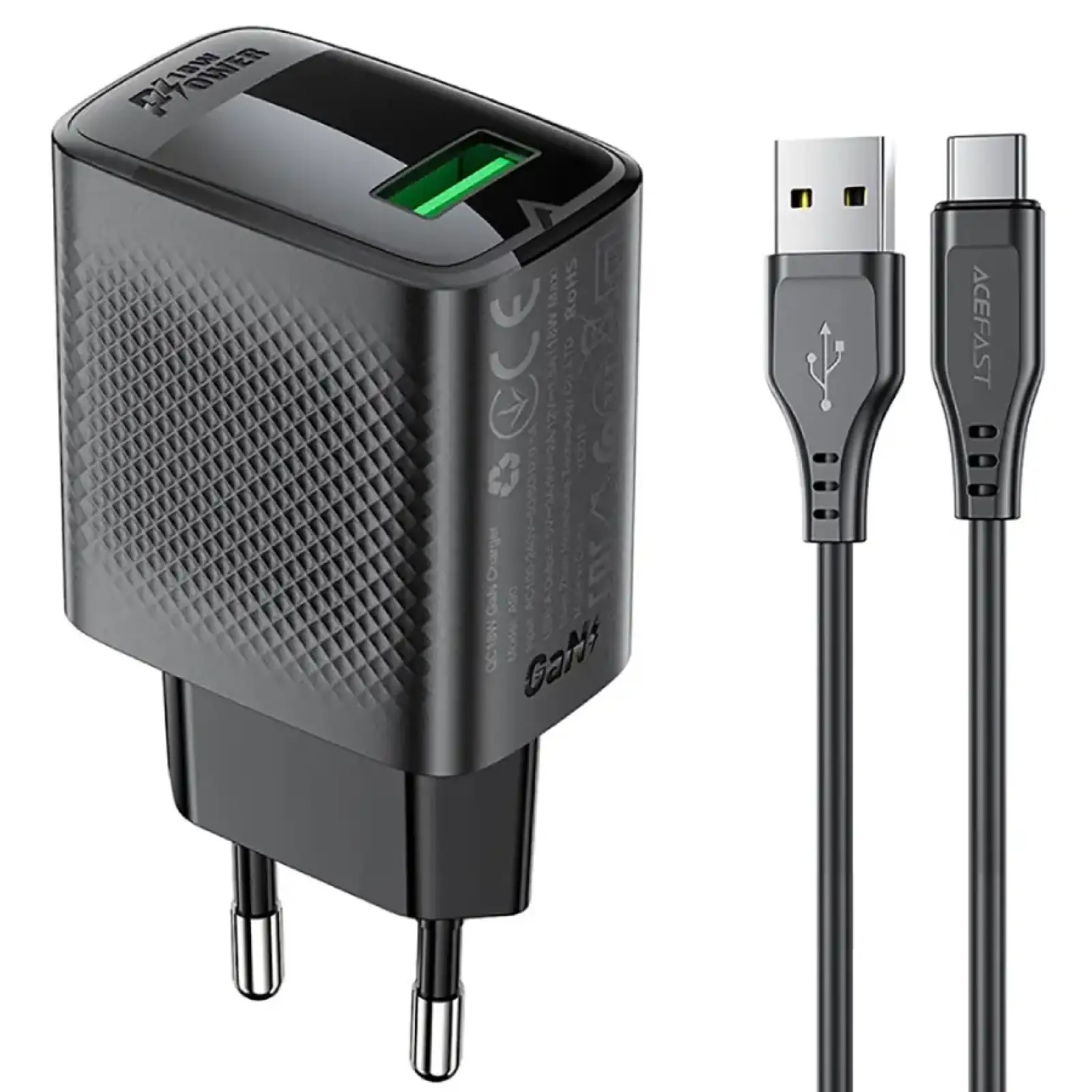 Зарядний пристрій 1xUSB-A 18W + Type-C cable A90 Fast Charger Black Acefast (6974316280064) UA