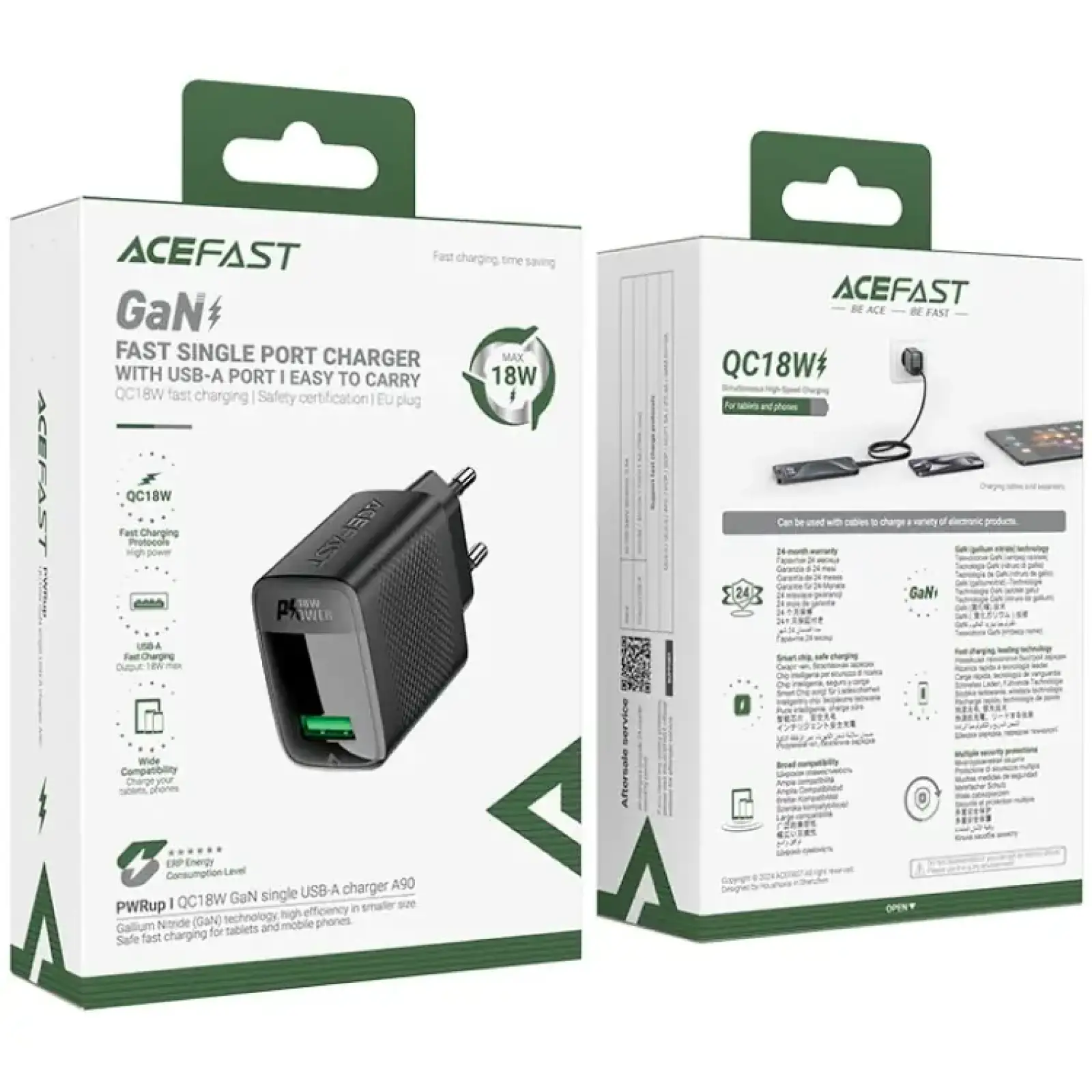 Зарядний пристрій 1xUSB-A 18W + Type-C cable A90 Fast Charger Black Acefast (6974316280064) UA