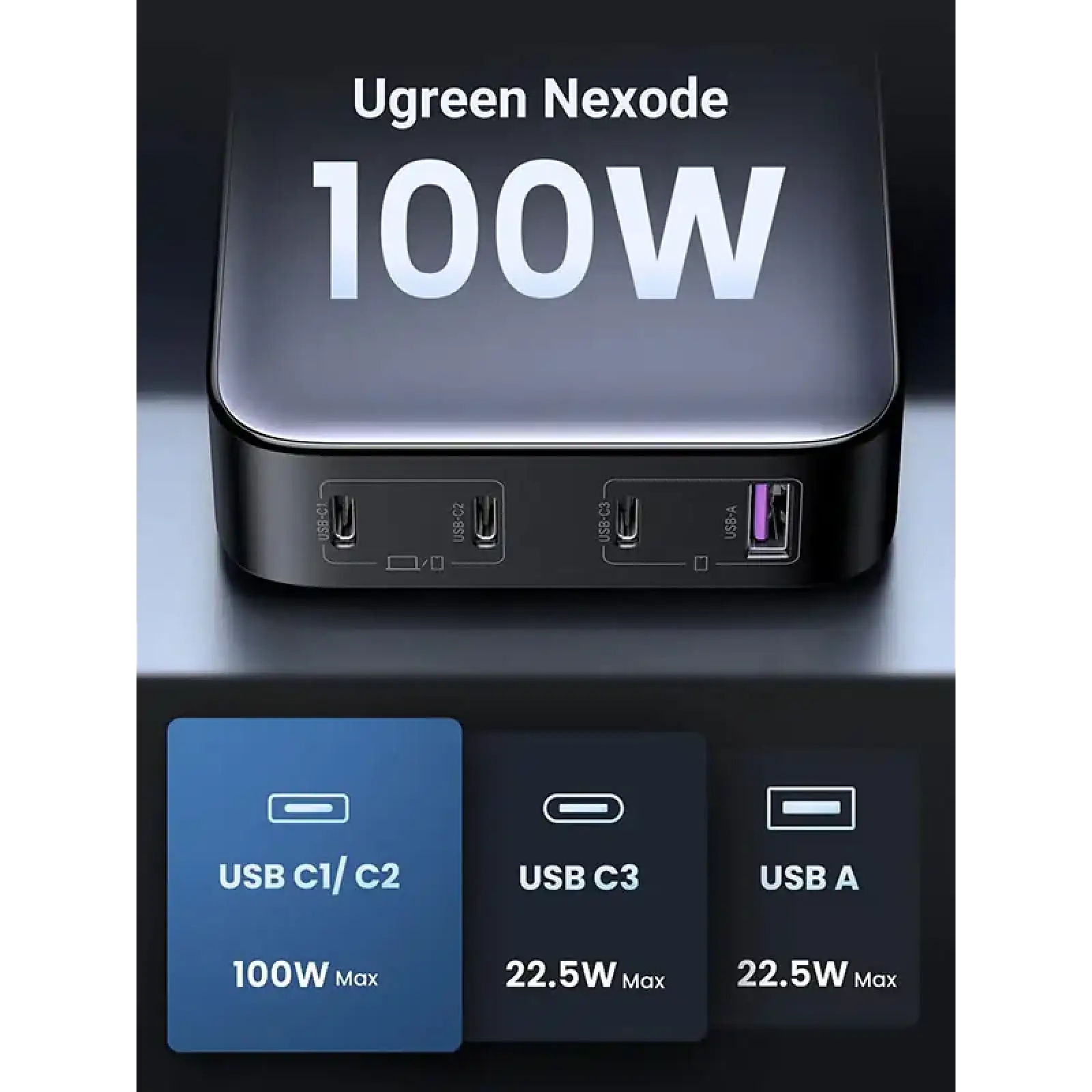 Зарядний пристрій 4xUSB 100W (3хUSB-C+USB-A) Gan Nexode чорний CD328 Ugreen Desktop Fast Charger (90928) UA