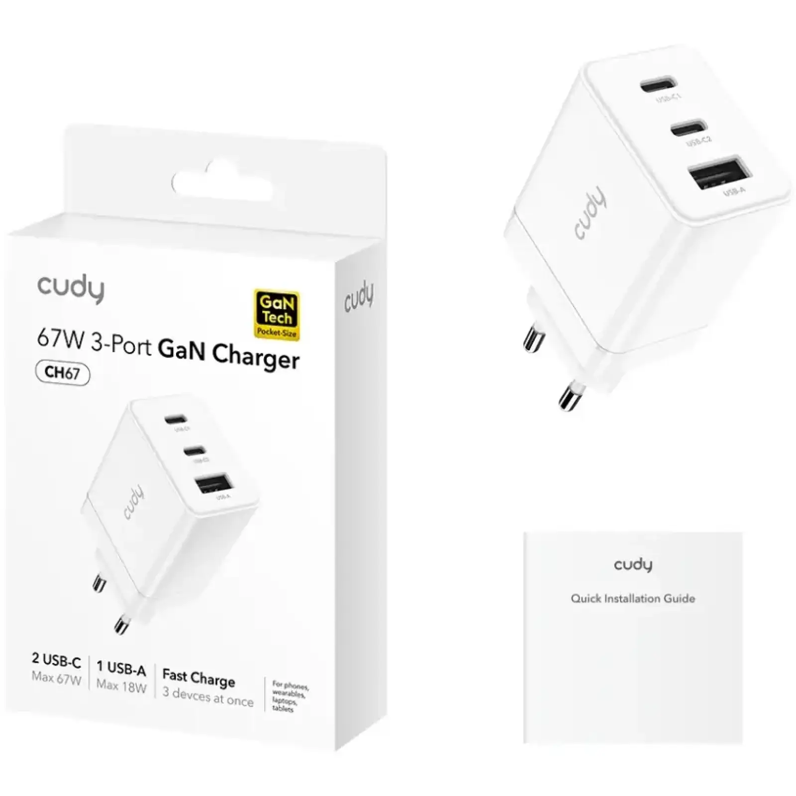 Зарядний пристрій 3xUSB 67W, (GaN, 1хUSB-C, QC+PD 3.0, вилка ЄС, для iPhone 12) , Cudy (CH67) UA