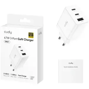 Зарядний пристрій 3xUSB 67W, (GaN, 1хUSB-C, QC+PD 3.0, вилка ЄС, для iPhone 12) , Cudy (CH67) UA