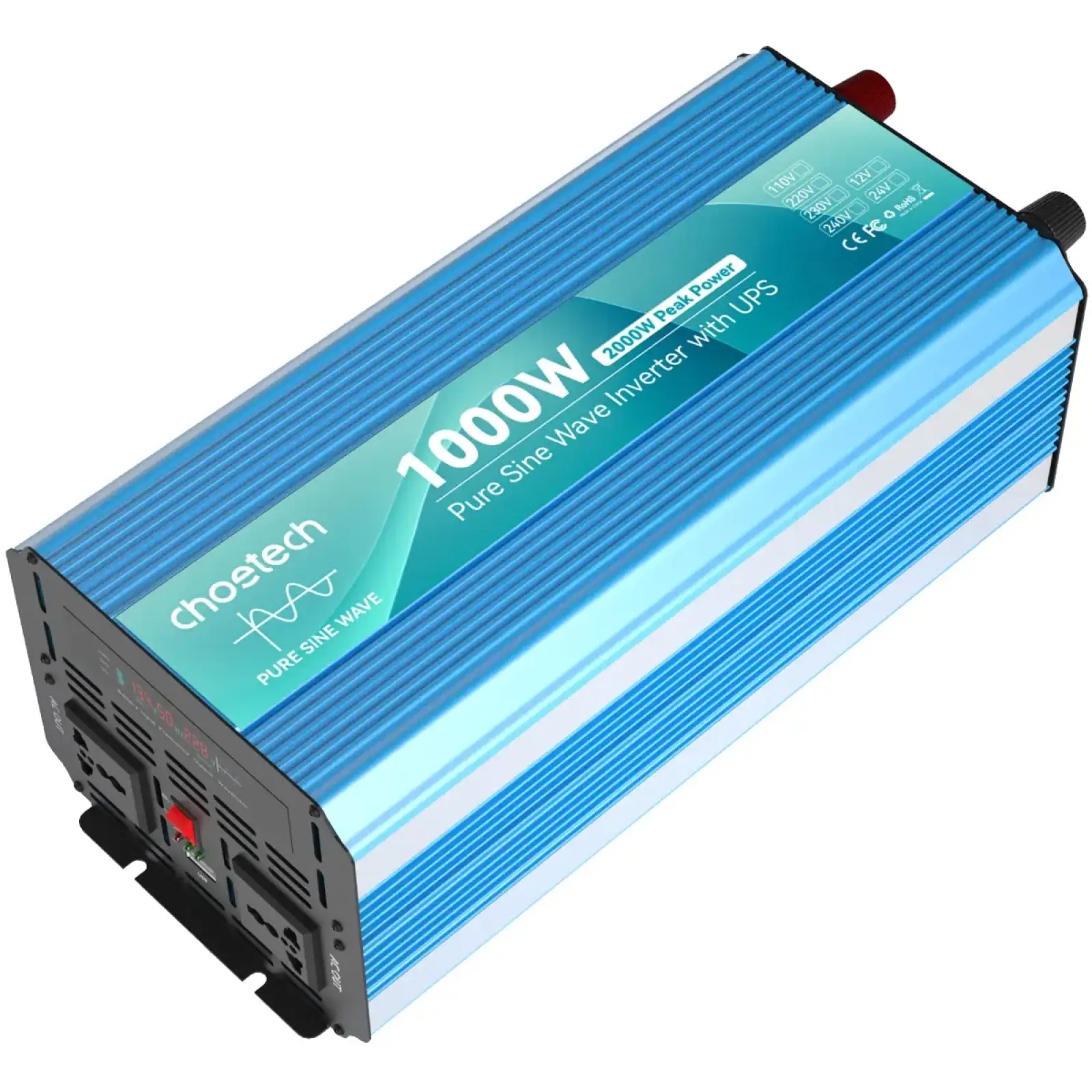 Інвертор Choetech з зарядкою, функція ДБЖ 12\220V 1000Вт, LiFePO₄/Li-ion/AGM/GEL, чиста синусоїда (INV-C1000WUPS-EU) UA