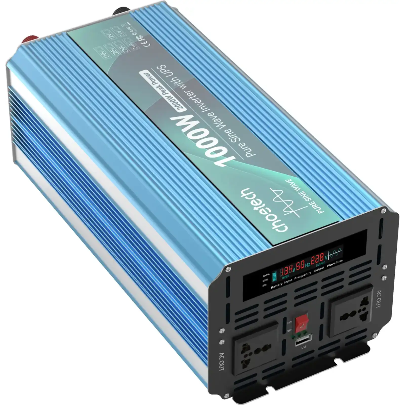 Інвертор Choetech з зарядкою, функція ДБЖ 12\220V 1000Вт, LiFePO₄/Li-ion/AGM/GEL, чиста синусоїда (INV-C1000WUPS-EU) UA