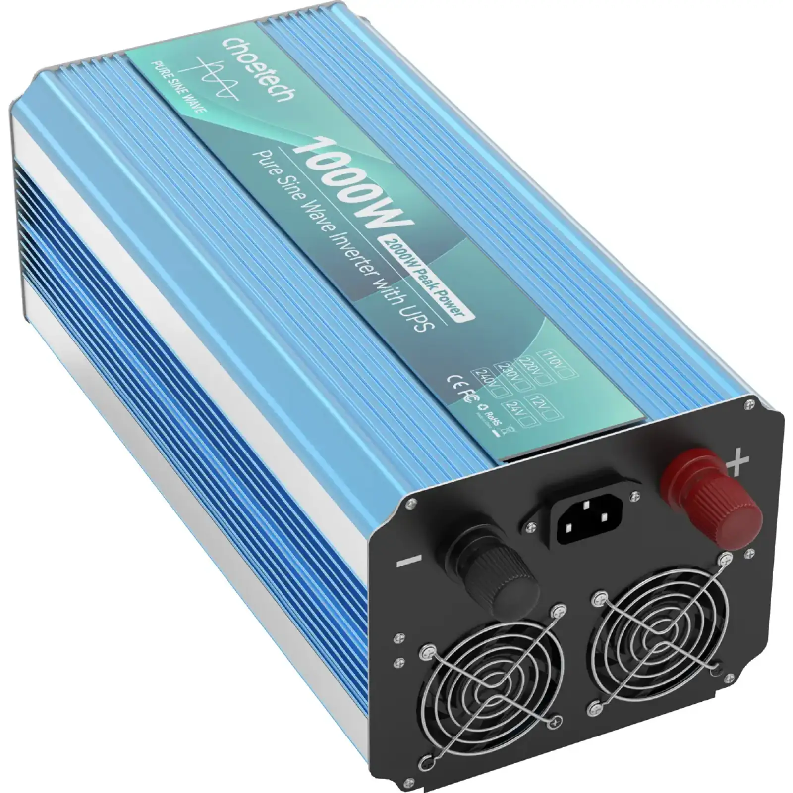 Інвертор Choetech з зарядкою, функція ДБЖ 12\220V 1000Вт, LiFePO₄/Li-ion/AGM/GEL, чиста синусоїда (INV-C1000WUPS-EU) UA