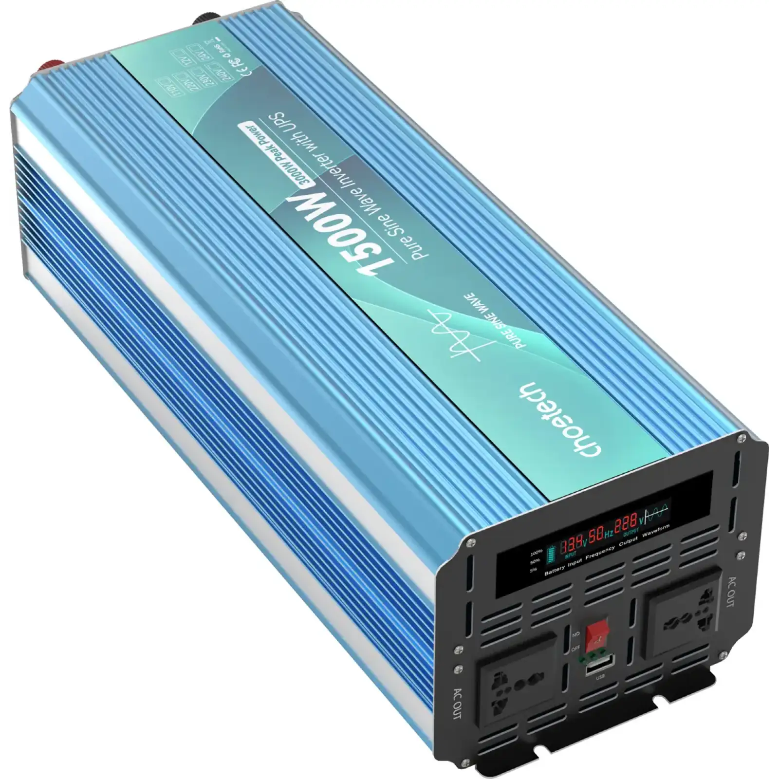 Інвертор Choetech з зарядкою, функція ДБЖ 12\220V 1500Вт, LiFePO₄/Li-ion/AGM/GEL, чиста синусоїда (INV-C1500WUPS-EU) UA