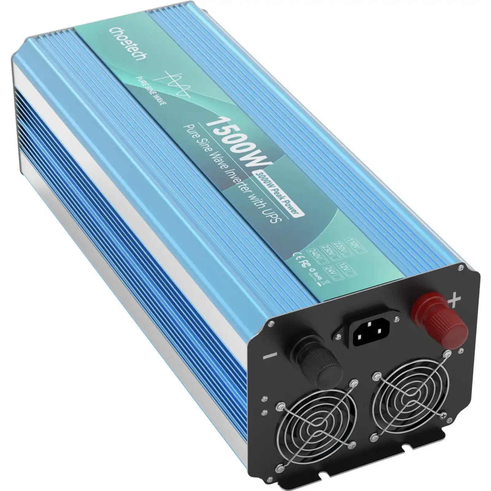 Інвертор Choetech з зарядкою, функція ДБЖ 12\220V 1500Вт, LiFePO₄/Li-ion/AGM/GEL, чиста синусоїда (INV-C1500WUPS-EU) UA
