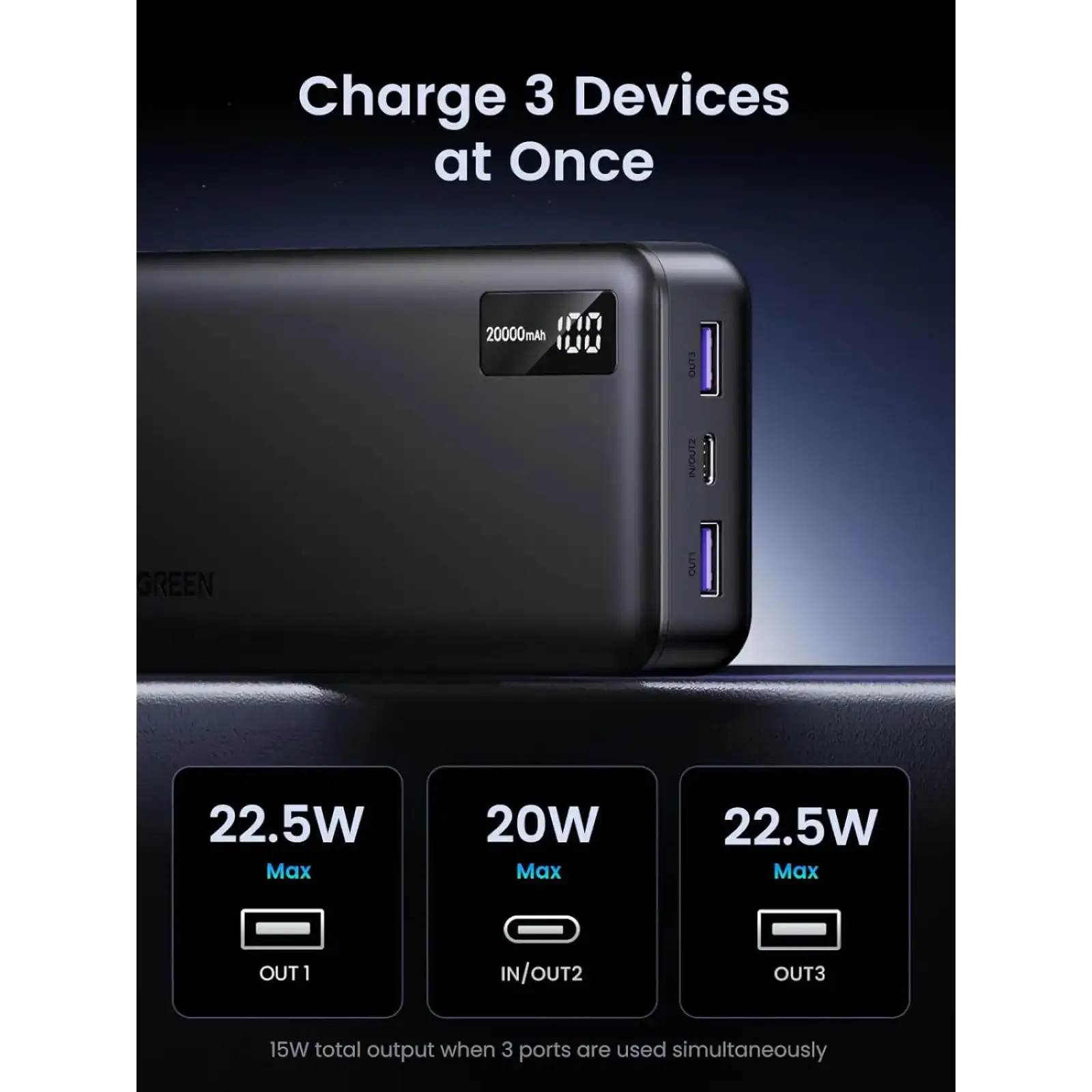 Зовнішній акумулятор Ugreen 20000mAh 22,5W PD 2хUSB-A +2xUSB-C Black (PB312) (25683) UA