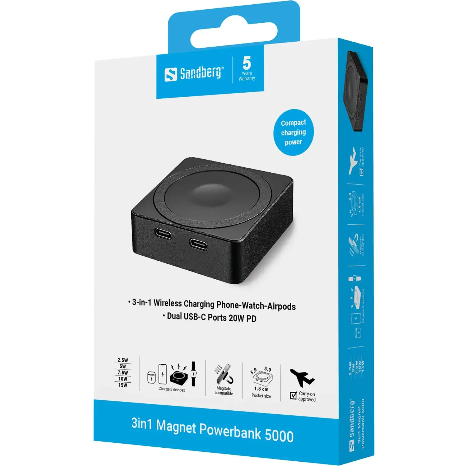 Зовнішній акумулятор Sandberg Magnetic Wireless 5000mAh 20W PD, 2xUSB-C, QI-15W for Apple watch and Airpods (421-28) UA