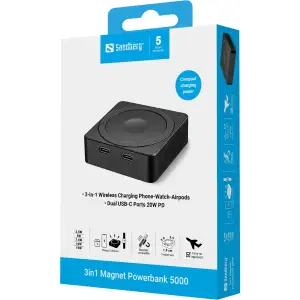 Зовнішній акумулятор Sandberg Magnetic Wireless 5000mAh 20W PD, 2xUSB-C, QI-15W for Apple watch and Airpods (421-28) UA