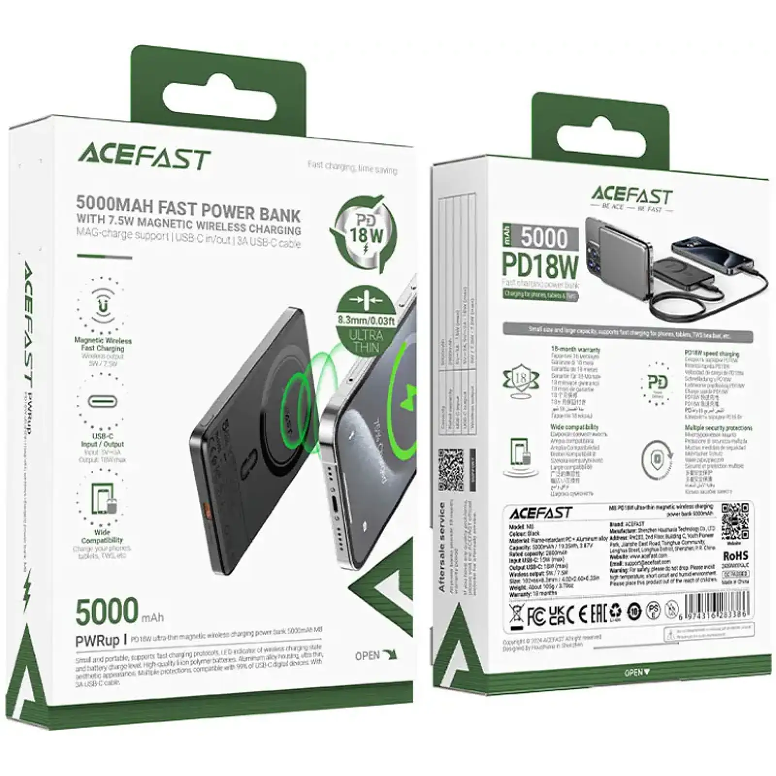 Зовнішній акумулятор Acefast Magnetic Wireless 5000mAh 18W PD,QC 3.0, QI 7.5 Вт, ультра тонкий, M8 Black (6974316283386) UA