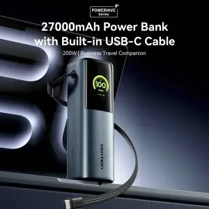 Зовнішній акумулятор Vention 27000mAh 200W PD3.1, USB-A, USB-C In/Out, with Built-in USB-C Cable, TFT Display, Silver (FKGI0) UA