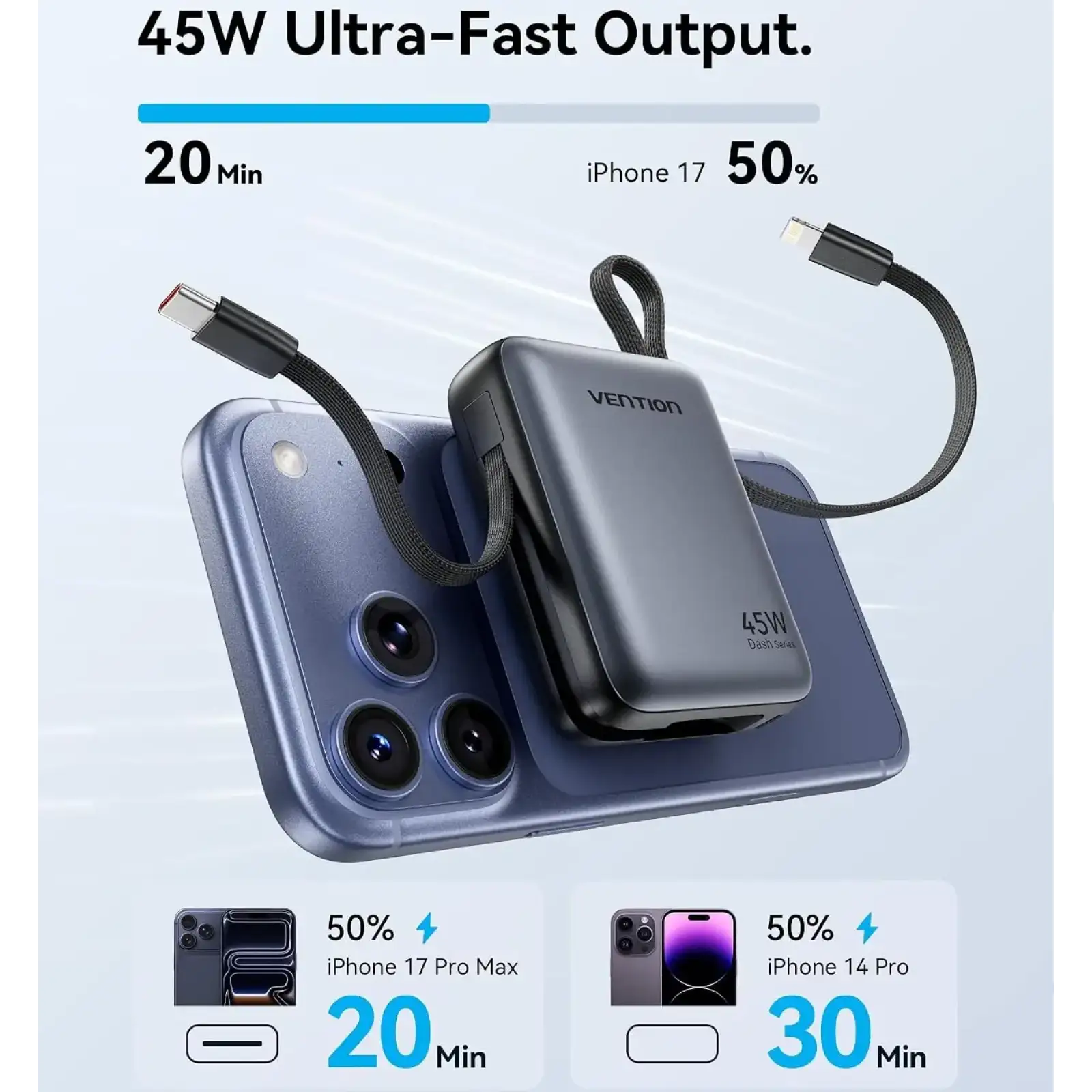 Зовнішній акумулятор Vention 10000mAh 45W PD, QC3.0 USB-C In/Out, with Built-in USB-C and Lightning Cables Beige (FKMN0) UA