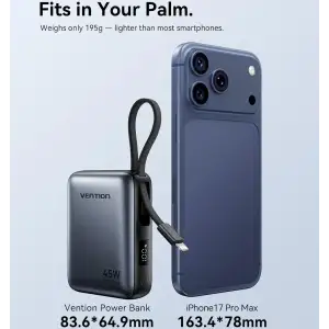 Зовнішній акумулятор Vention 10000mAh 45W PD, QC3.0 USB-C In/Out, with Built-in USB-C and Lightning Cables Beige (FKMN0) UA