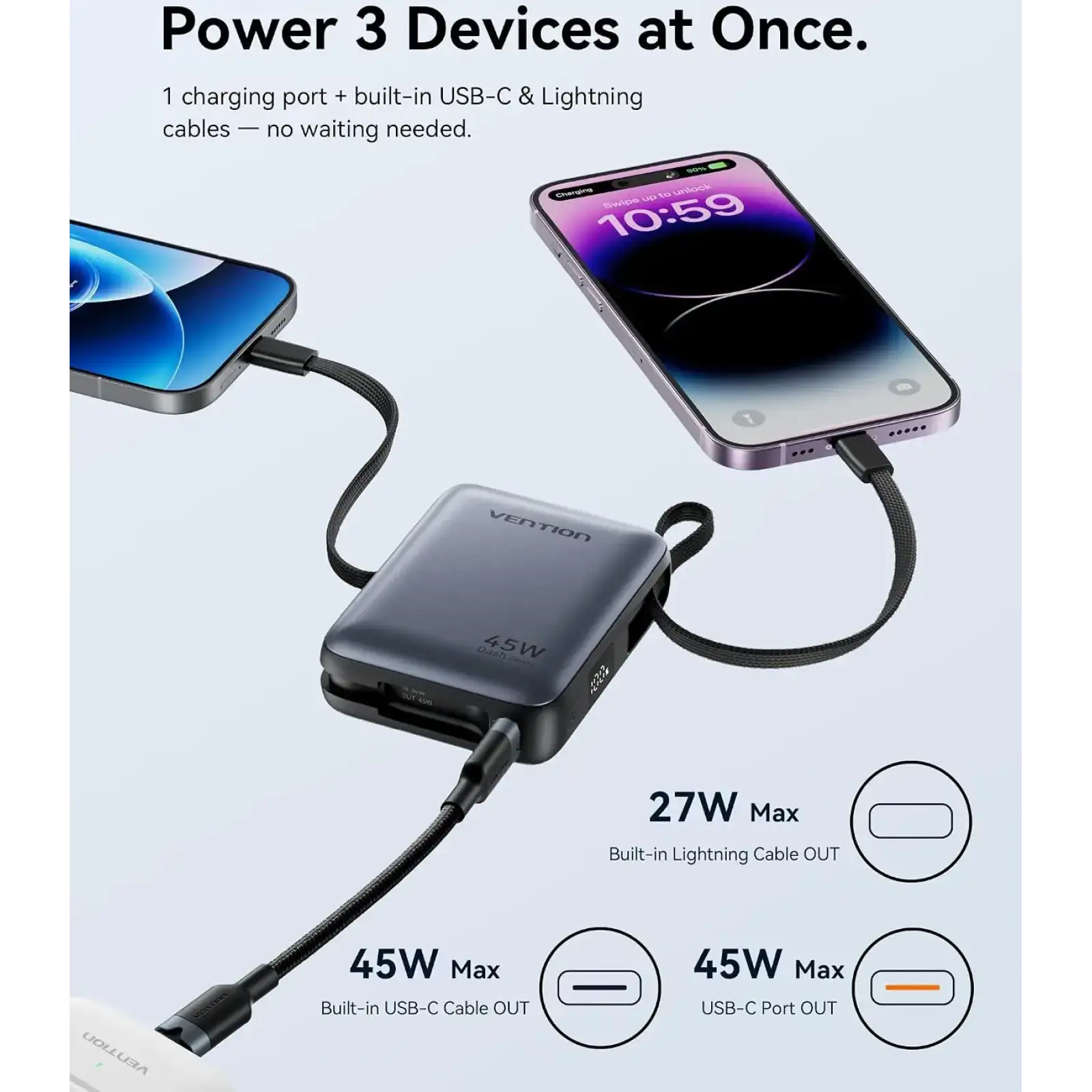 Зовнішній акумулятор Vention 10000mAh 45W PD, QC3.0 USB-C In/Out, with Built-in USB-C and Lightning Cables Beige (FKMN0) UA