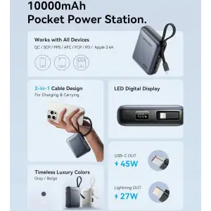 Зовнішній акумулятор Vention 10000mAh 45W PD, QC3.0 USB-C In/Out, with Built-in USB-C and Lightning Cables Beige (FKMN0) UA