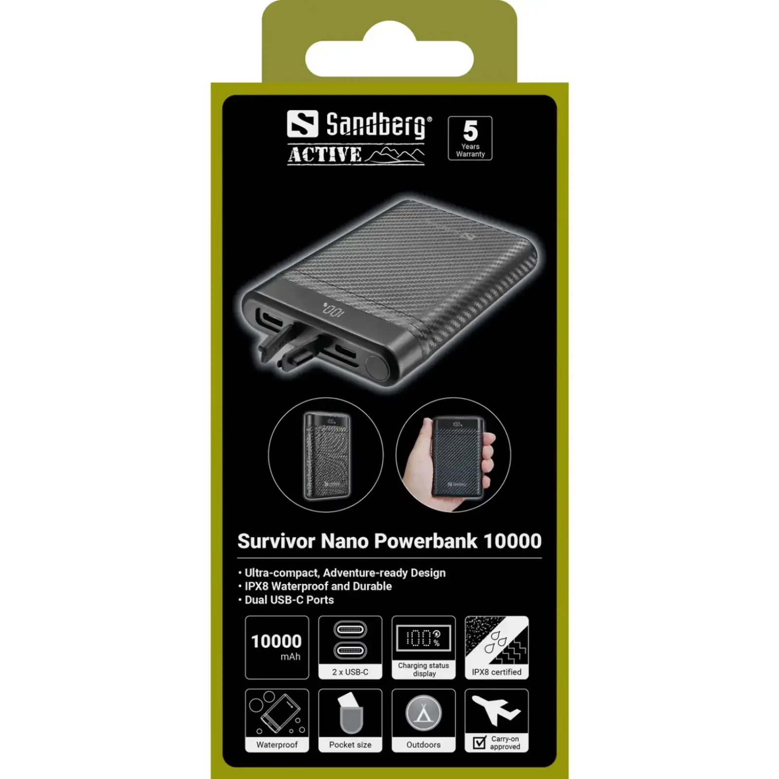 Зовнішній акумулятор Sandberg 10000mAh 20W PD Survivor Nano Powerbank 2xUSB-C IN/OUT, IPX8 (421-32) UA