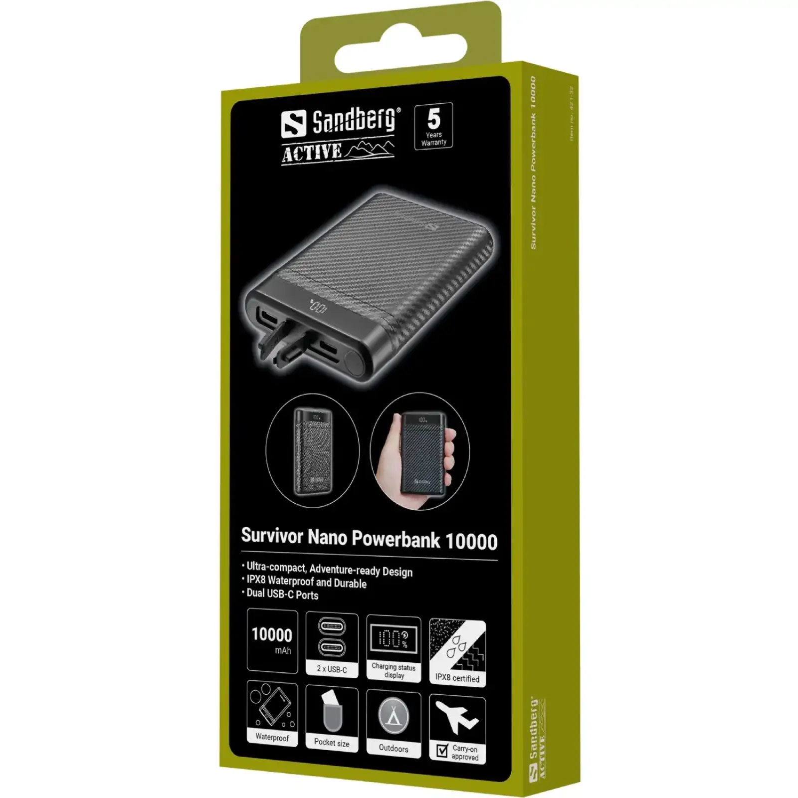 Зовнішній акумулятор Sandberg 10000mAh 20W PD Survivor Nano Powerbank 2xUSB-C IN/OUT, IPX8 (421-32) UA