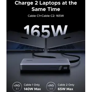 Зовнішній акумулятор Ugreen 25000mAh 165W PD3.1/QC, USB-A,USB-С IN/OUT, with built in 2xUSB-C cables (PB552) Gray (55995B) UA