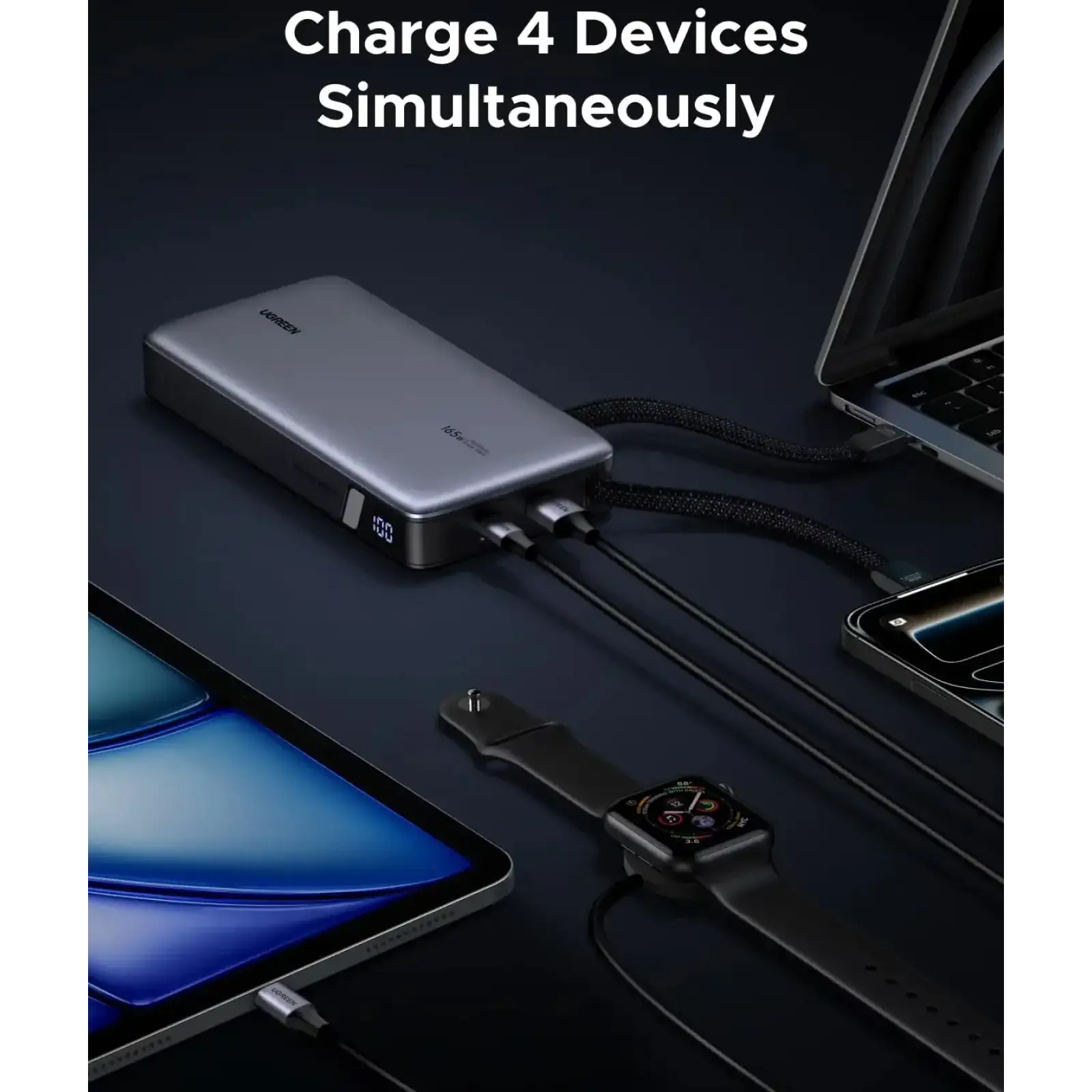 Зовнішній акумулятор Ugreen 25000mAh 165W PD3.1/QC, USB-A,USB-С IN/OUT, with built in 2xUSB-C cables (PB552) Gray (55995B) UA
