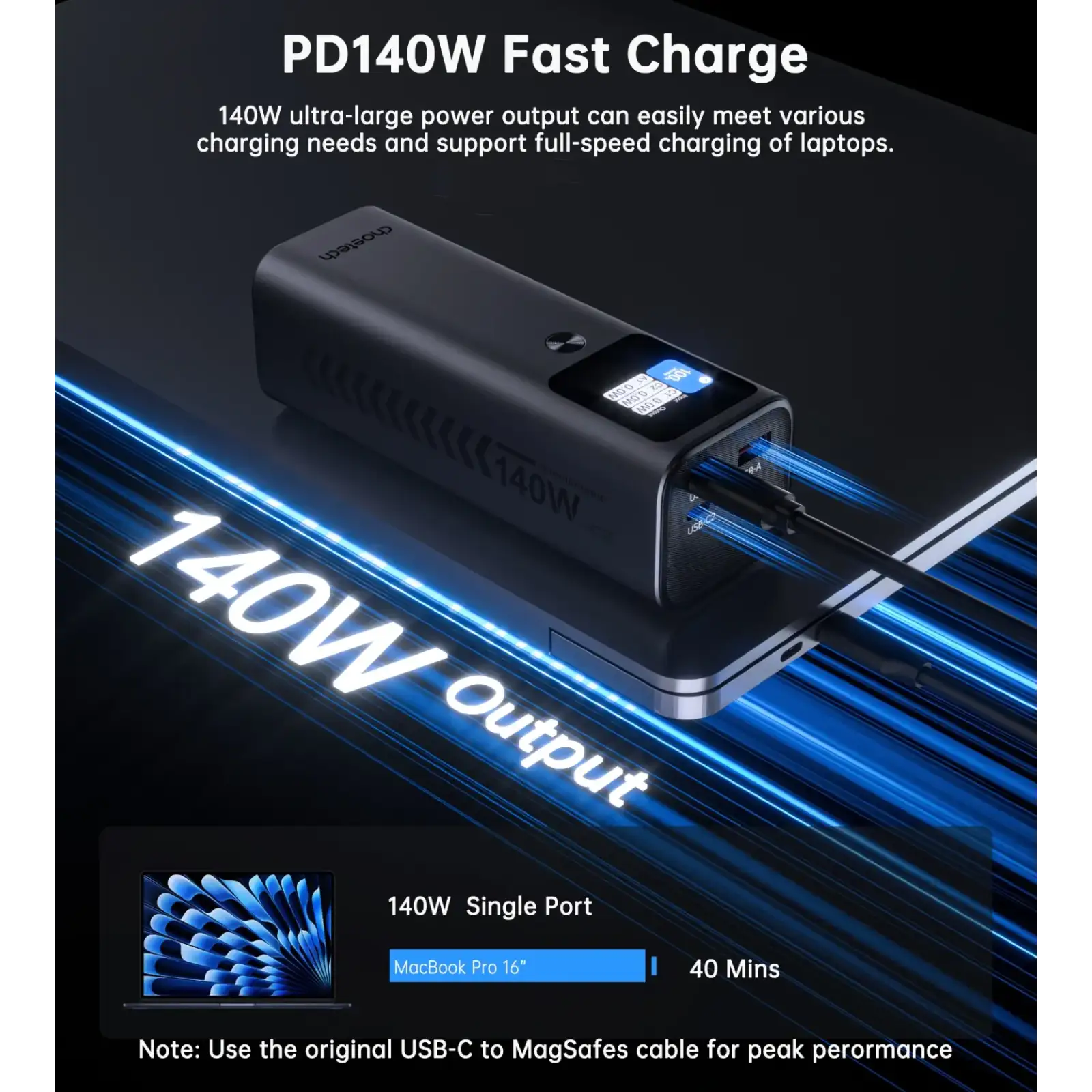 Зовнішній акумулятор Choetech 27000mAh 140W PD5.0,QC3.0, USB-A, 2xUSB-C In/Out, TFT Display, black (B670-CCGY) UA