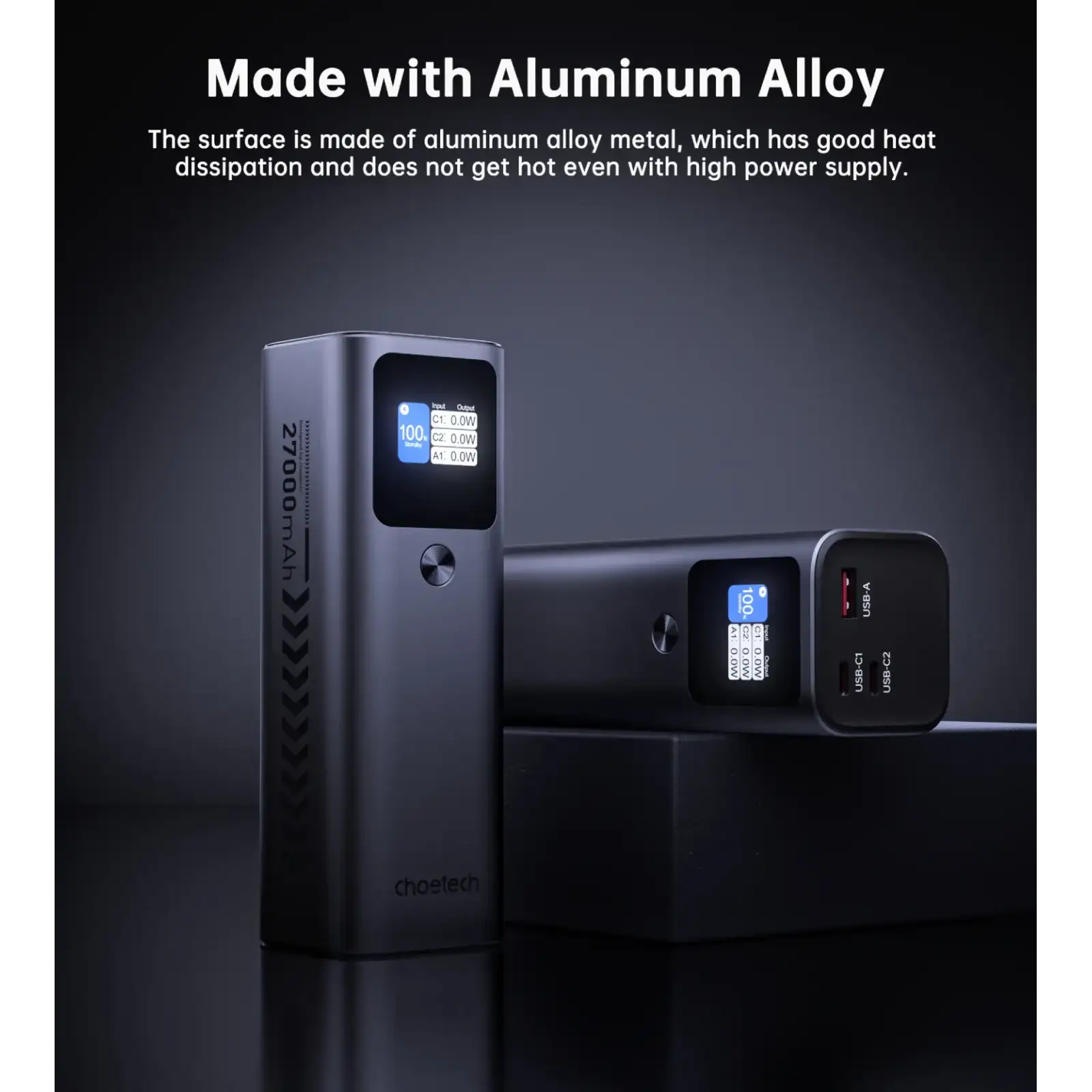 Зовнішній акумулятор Choetech 27000mAh 140W PD5.0,QC3.0, USB-A, 2xUSB-C In/Out, TFT Display, black (B670-CCGY) UA