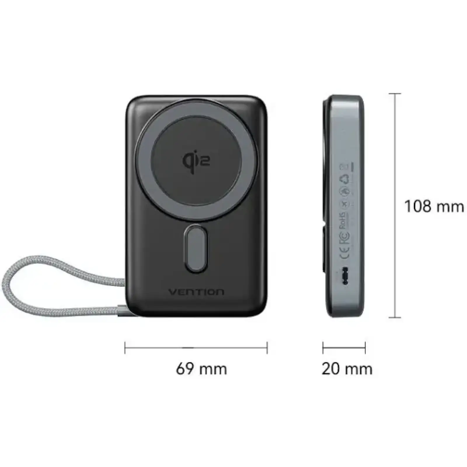 Зовнішній акумулятор Vention Magnetic Wireless 10000mAh 35W PD USB-C In/Out, with built-in USB-C cable, QI-2 15W Gray (FKHH0) UA