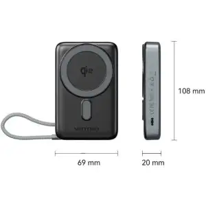 Зовнішній акумулятор Vention Magnetic Wireless 10000mAh 35W PD USB-C In/Out, with built-in USB-C cable, QI-2 15W Gray (FKHH0) UA