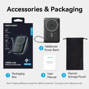 Зовнішній акумулятор Vention Magnetic Wireless 10000mAh 35W PD USB-C In/Out, with built-in USB-C cable, QI-2 15W Gray (FKHH0) UA