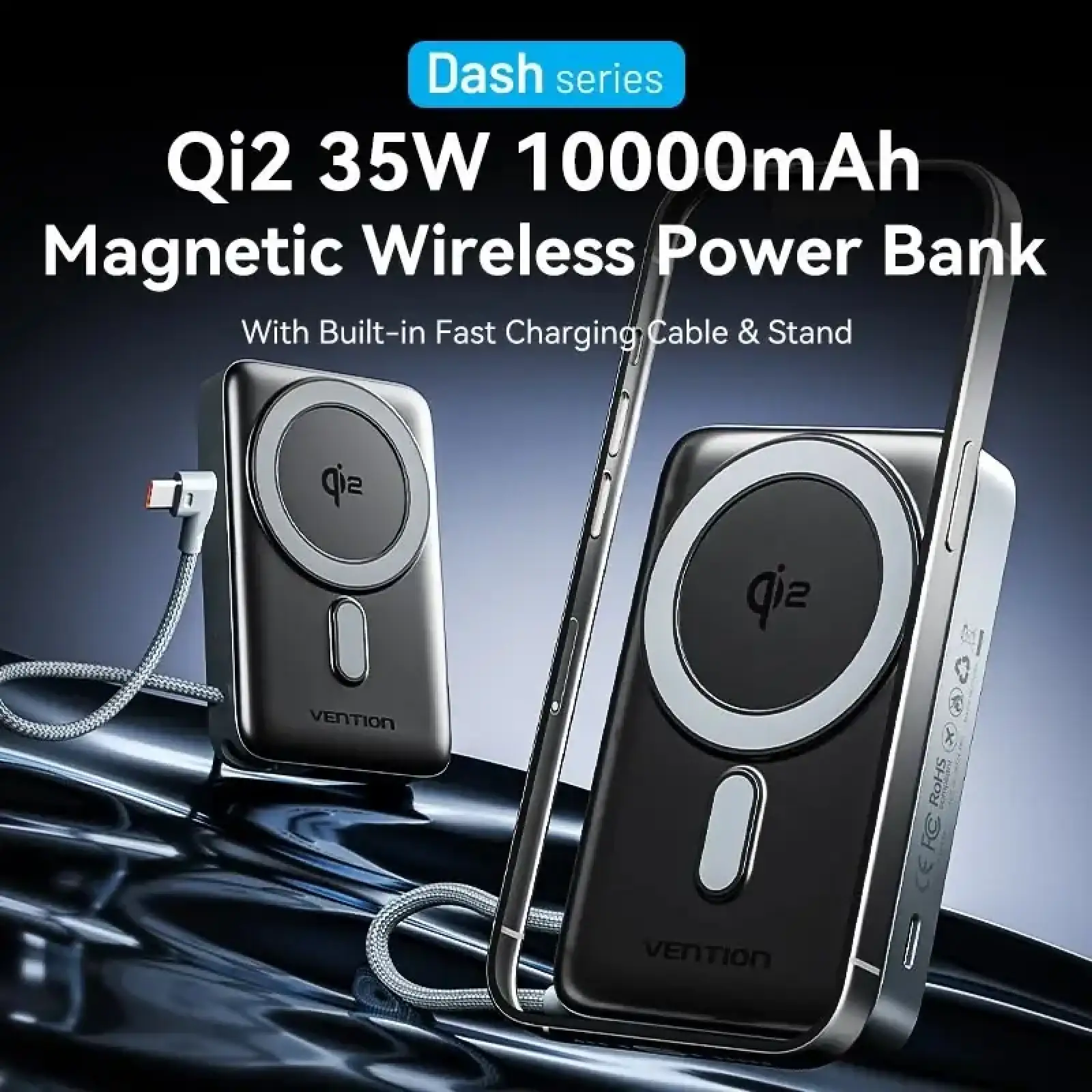 Зовнішній акумулятор Vention Magnetic Wireless 10000mAh 35W PD USB-C In/Out, with built-in USB-C cable, QI-2 15W Gray (FKHH0) UA