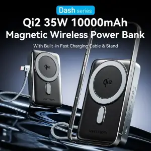 Зовнішній акумулятор Vention Magnetic Wireless 10000mAh 35W PD USB-C In/Out, with built-in USB-C cable, QI-2 15W Gray (FKHH0) UA
