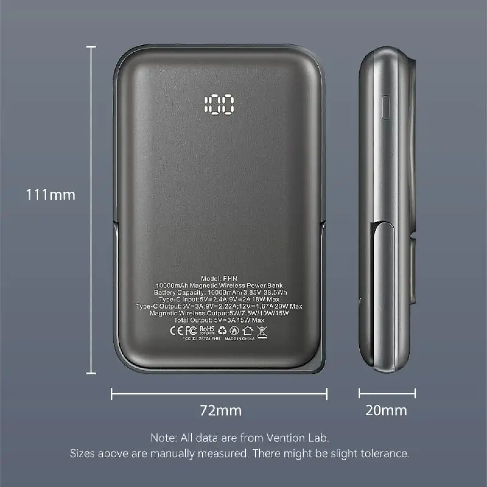 Зовнішній акумулятор Vention Magnetic Wireless 10000mAh 20W PD USB-C In/Out, QI-15W Black (FHNB0) UA