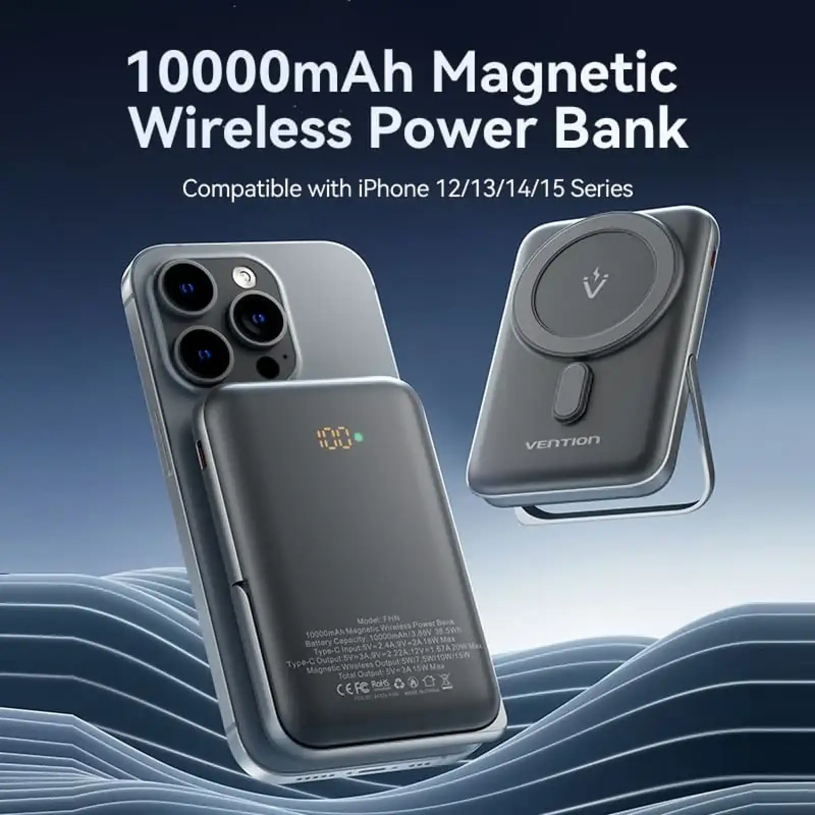 Зовнішній акумулятор Vention Magnetic Wireless 10000mAh 20W PD USB-C In/Out, QI-15W Black (FHNB0) UA