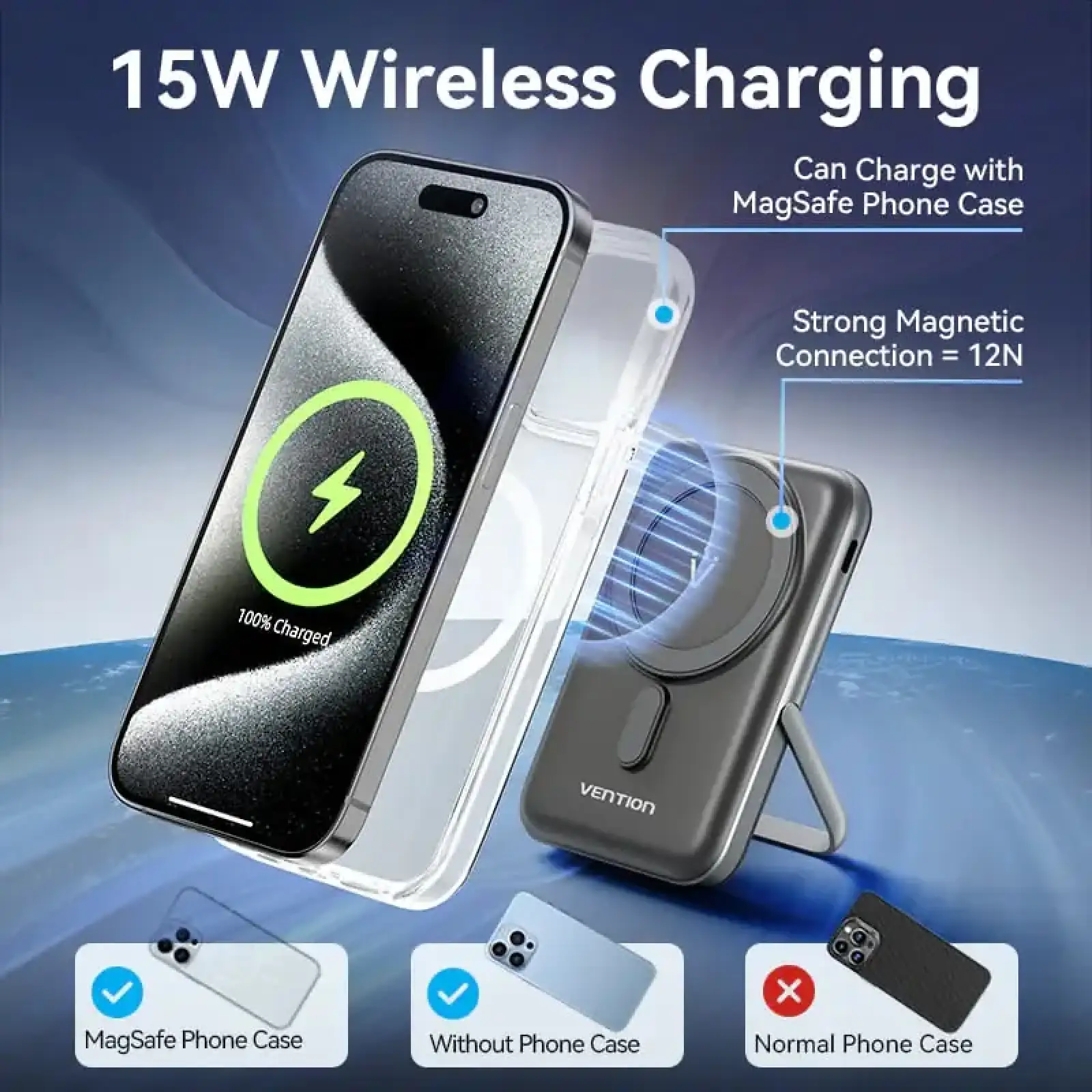 Зовнішній акумулятор Vention Magnetic Wireless 10000mAh 20W PD USB-C In/Out, QI-15W Black (FHNB0) UA