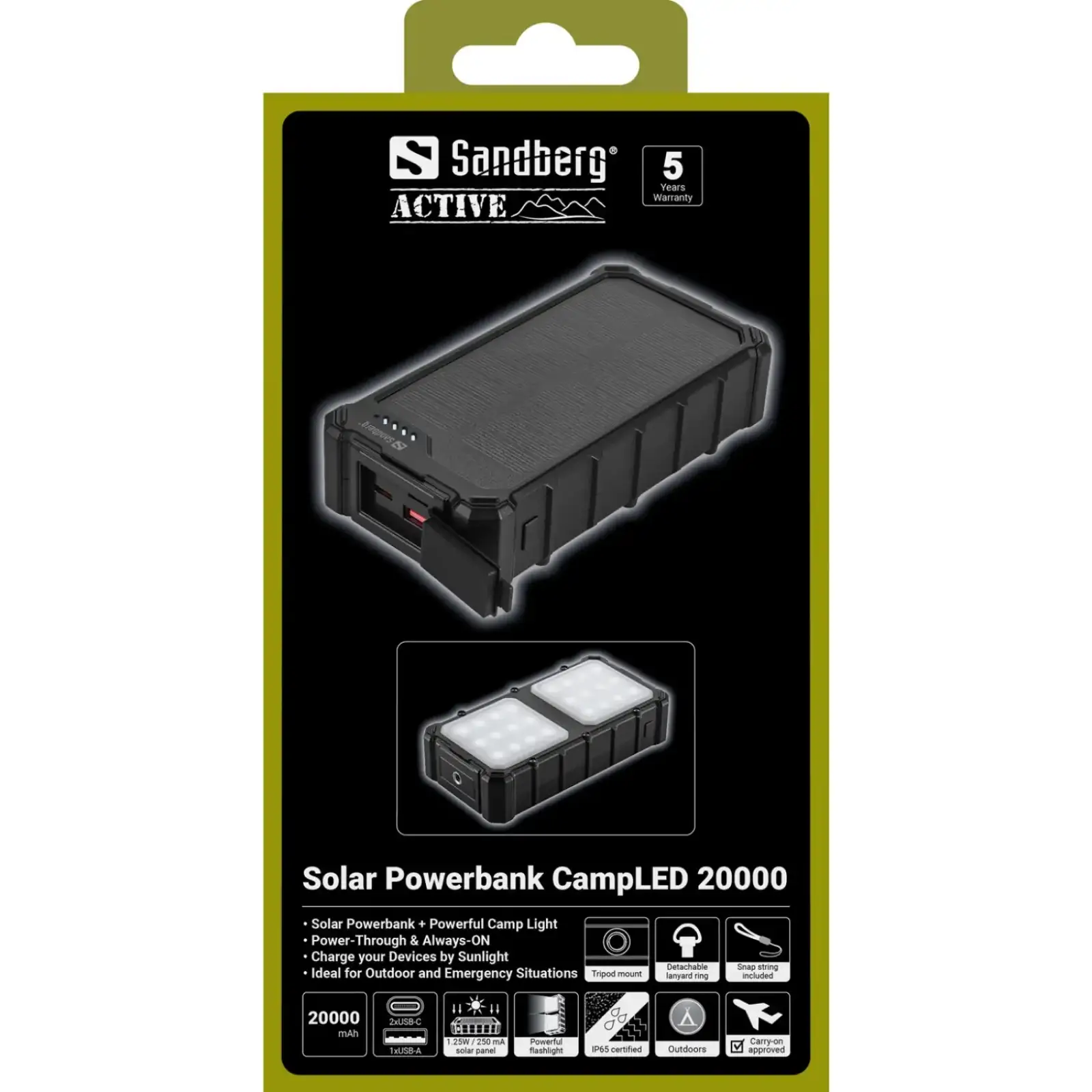 Зовнішній акумулятор Sandberg 20000mAh 22,5W PD Solar Powerbank CampLED, USB-A,2xUSB-C In/Out, Powerful light (421-24) UA