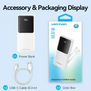 Зовнішній акумулятор Vention 10000mAh 22.5W PD,Micro-USB,USB-C,2xUSB-A,Built-in USB-C+Lightning Cables White (FHOW0) UA