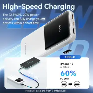 Зовнішній акумулятор Vention 10000mAh 22.5W PD,Micro-USB,USB-C,2xUSB-A,Built-in USB-C+Lightning Cables White (FHOW0) UA