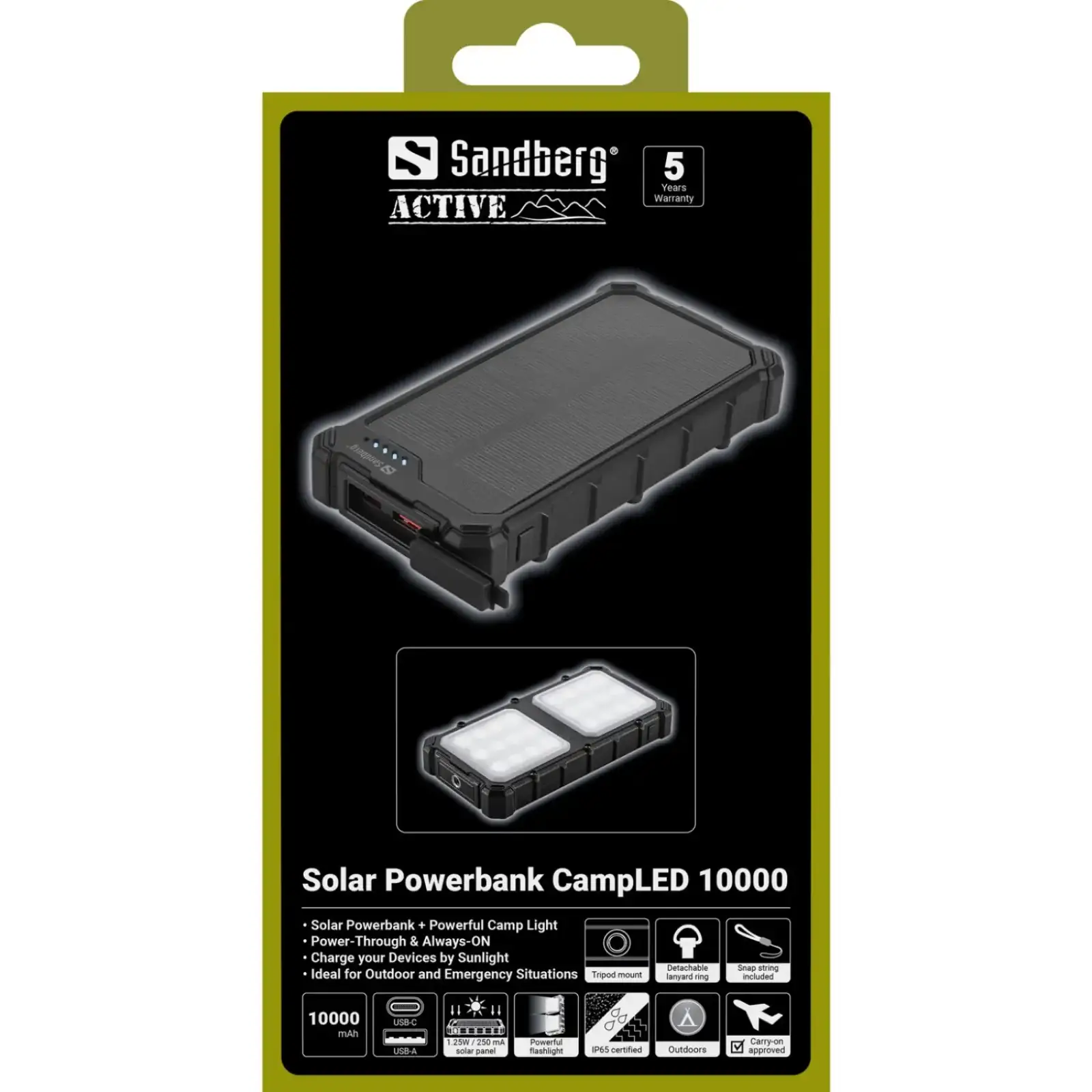 Зовнішній акумулятор Sandberg 10000mAh 22,5W PD Solar Powerbank CampLED, USB-A,USB-C In/Out, PowerThru (421-23) UA