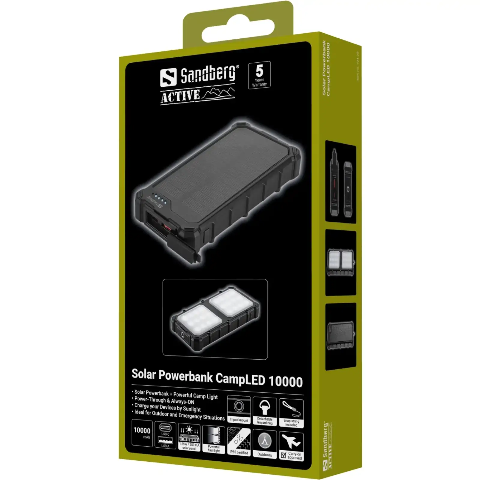 Зовнішній акумулятор Sandberg 10000mAh 22,5W PD Solar Powerbank CampLED, USB-A,USB-C In/Out, PowerThru (421-23) UA