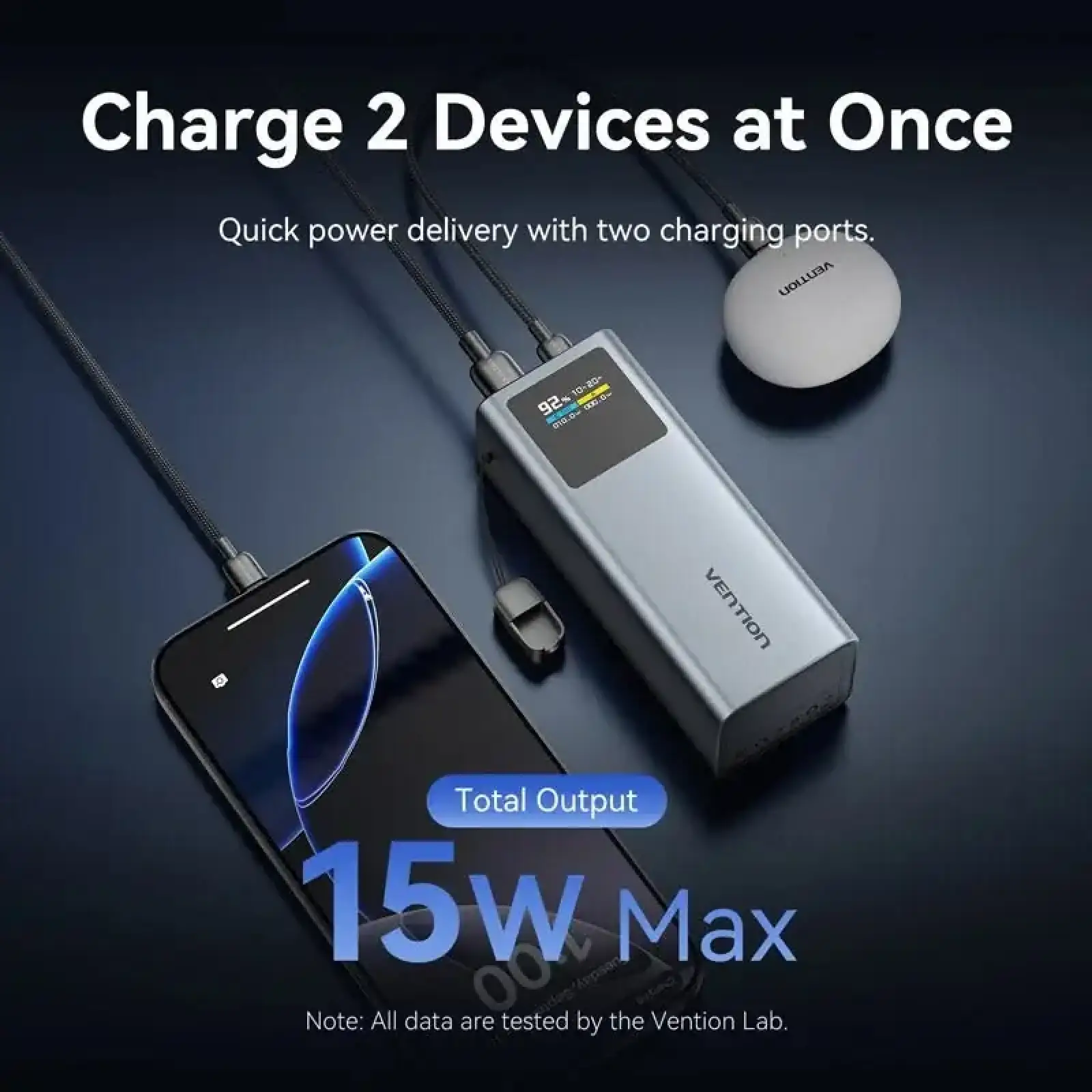 Внешний аккумулятор Vention 20000mAh 100W PD,QC3.0, USB-A,USB-C In/Out,with Detachable USB-C Cable, TFT Display,Gray (FKCH0) UA
