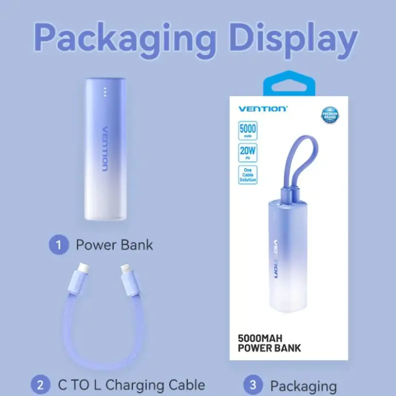 Зовнішній акумулятор Vention 5000mAh 20W PD, USB-C In/Out, Lightning In/Out, with cable, Gradient Blue (FHWL0) UA