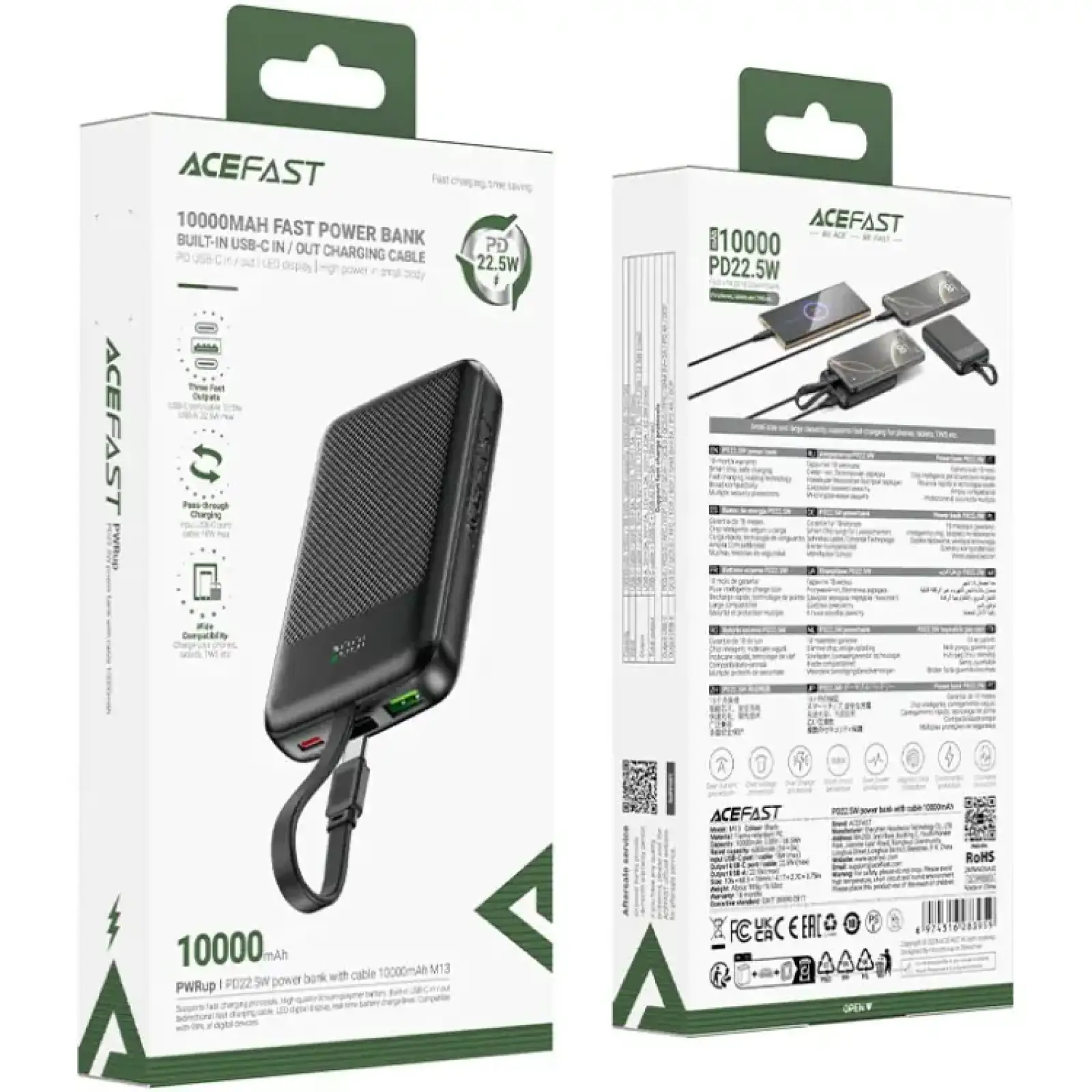 Зовнішній акумулятор Acefast 10000mAh 22.5W PD,QC3.0 2xUSB-C,USB-A, with build Type-C cable, M13 Black (6974316283959) UA