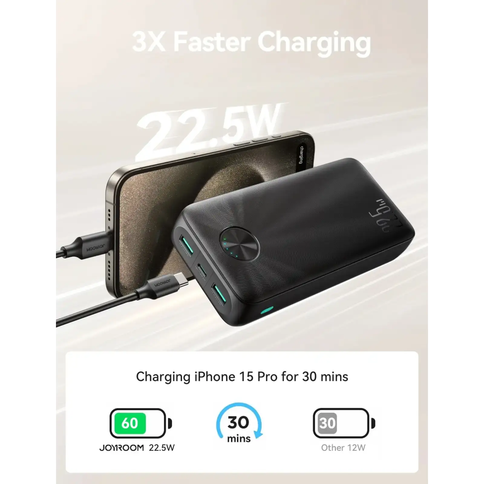 Зовнішній акумулятор Joyroom 20000mAh 22,5W PD,QC3.0, 2xUSB-A, USB-C In/Out Black (JR-PBF16) UA