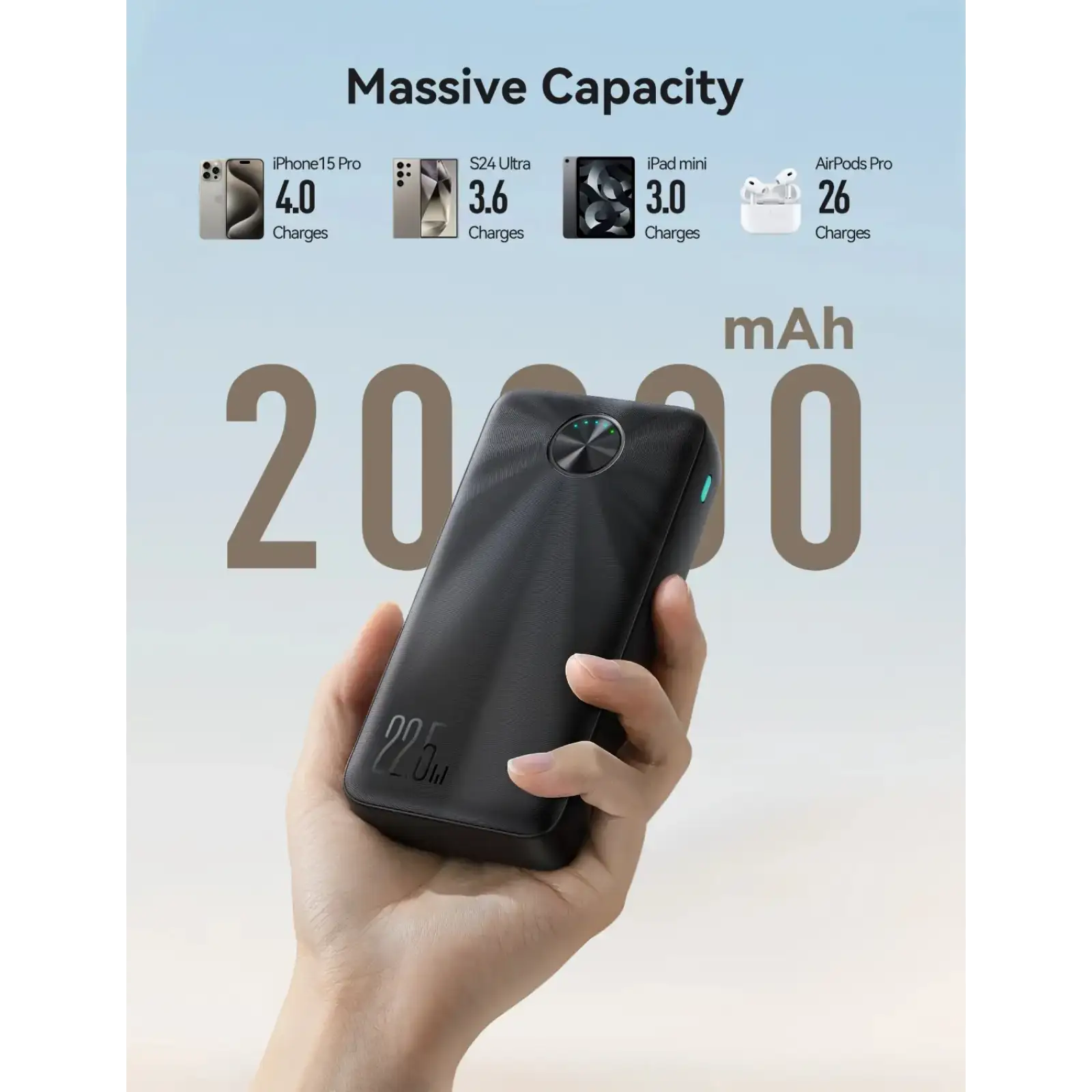 Зовнішній акумулятор Joyroom 20000mAh 22,5W PD,QC3.0, 2xUSB-A, USB-C In/Out Black (JR-PBF16) UA