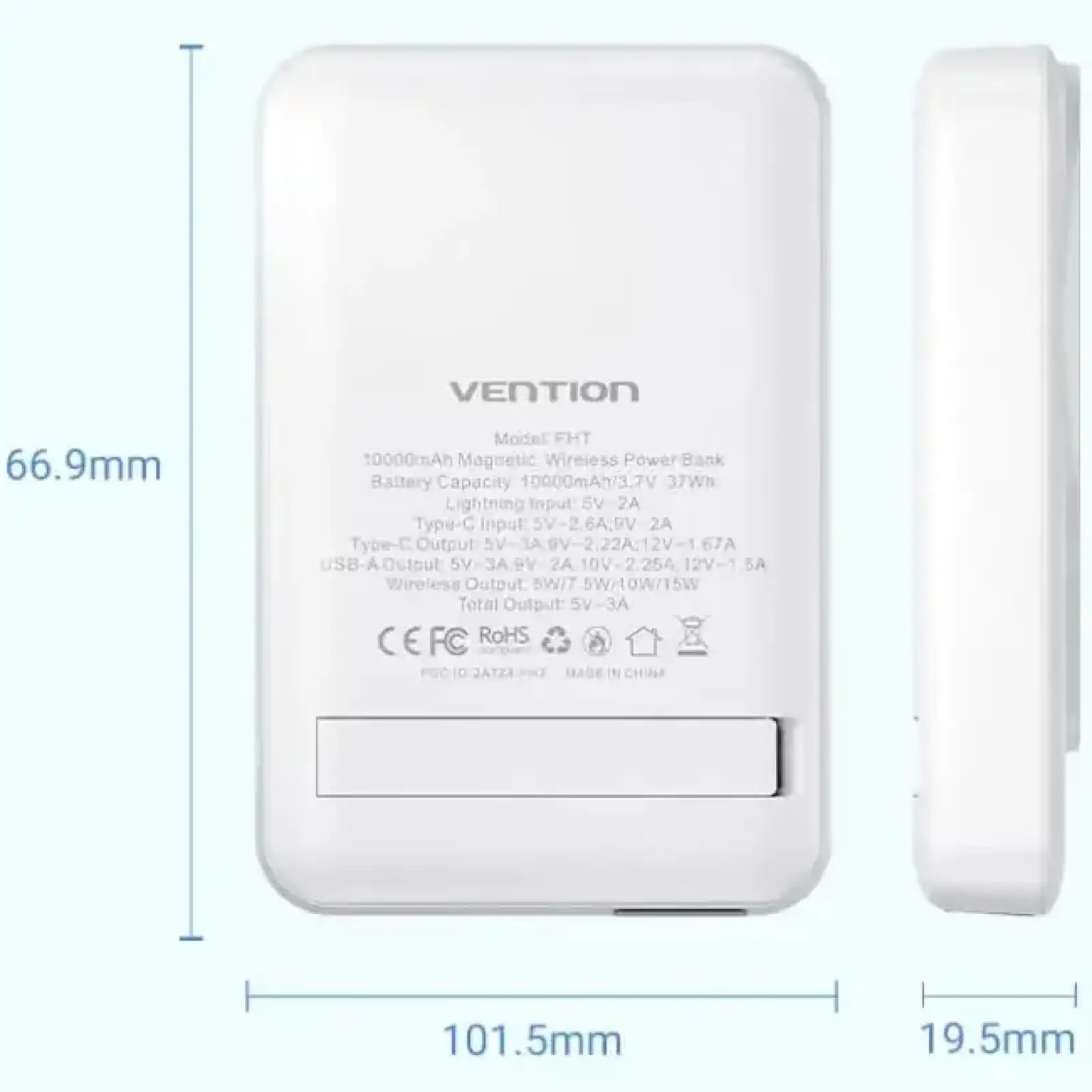 Зовнішній акумулятор Vention Magnetic Wireless 10000mAh 22.5W PD,QC 3.0,USB-C,Lightning,USB-A,LED Display White (FHTW0) UA