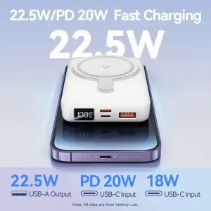 Зовнішній акумулятор Vention Magnetic Wireless 10000mAh 22.5W PD,QC 3.0,USB-C,Lightning,USB-A,LED Display White (FHTW0) UA