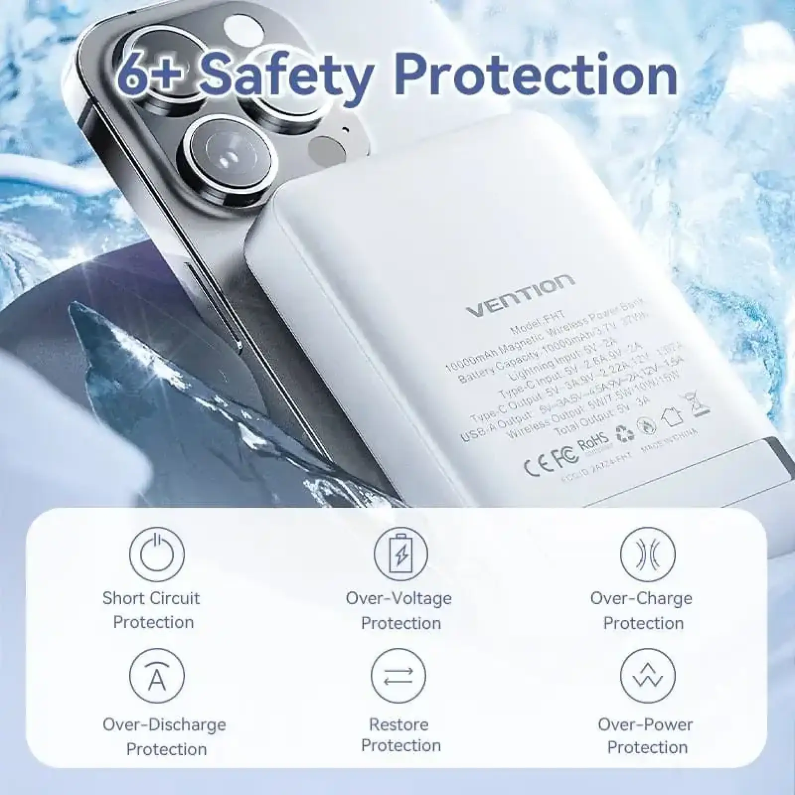 Зовнішній акумулятор Vention Magnetic Wireless 10000mAh 22.5W PD,QC 3.0,USB-C,Lightning,USB-A,LED Display White (FHTW0) UA